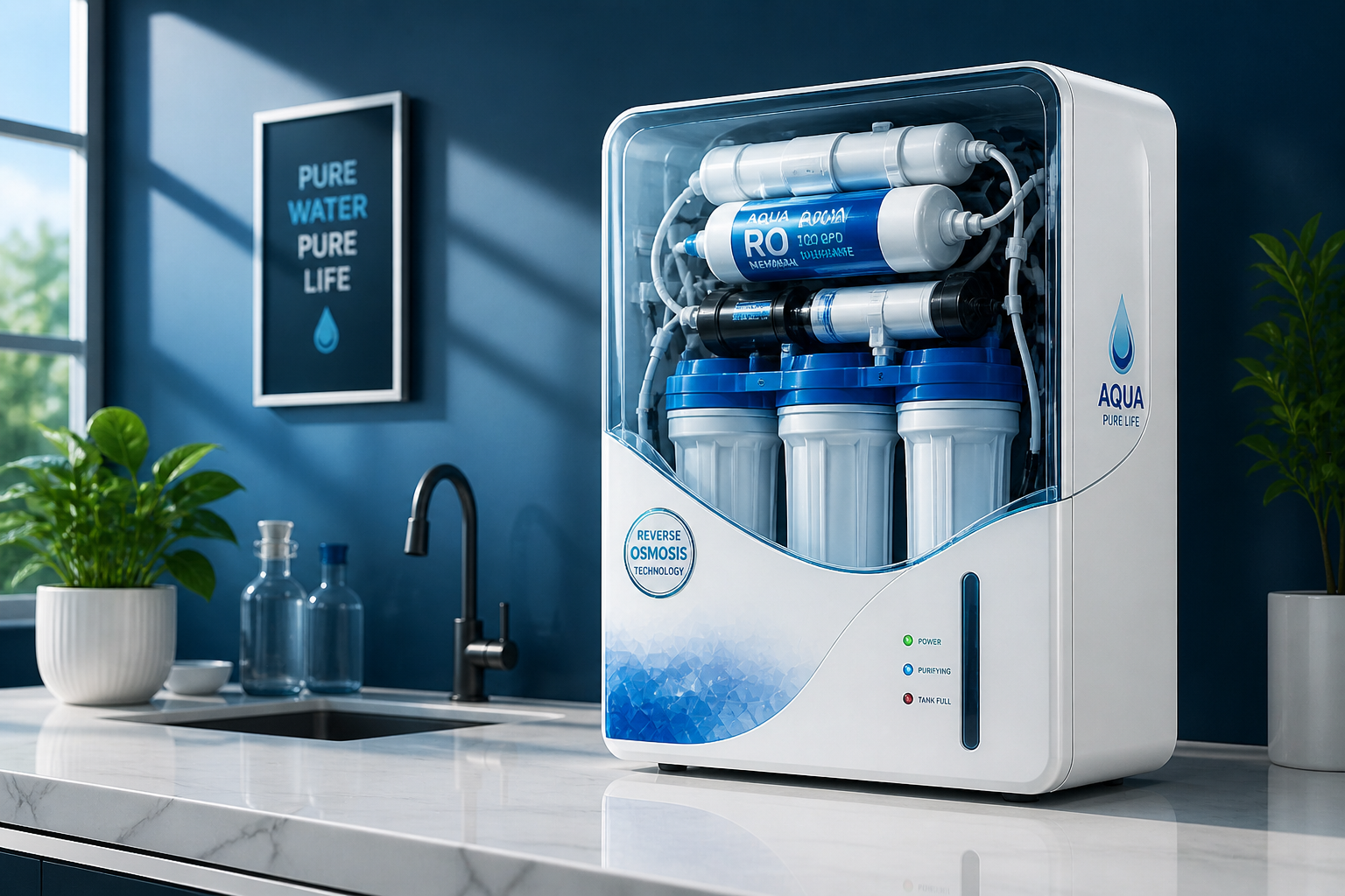 Crystal clear pure drinking water from RO purifier